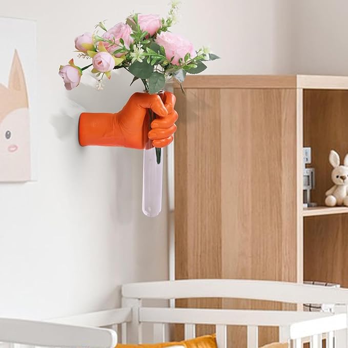 Orange Wall Sculptures, Hand Vases Home Decor, Wall Mount Art Sculpture, Unique Wall Art Statue, Funky Flower Vase Decorations, Modern Eclectic Hanging Decor,Glass Test Tube Vase (Orange)-Ruum Studio Home