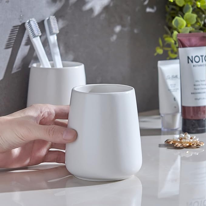 White Toothbrush Holder for Bathroom - 2Pcs Ceramic Tooth Brushing Holders Set, Toothbrush Cup & Toothpaste Organizer for Bathroom Countertop, Makeup Brush Holder, Pen Holder for Home Desktop Storage-Ruum Studio Home