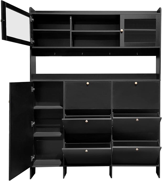 Ball & Cast Tipping Bucket 3-Tier Shoe Cabinet with 6 Flip Drawers and Storage Shelf,Entryway Hall Tree with Tempered Glass Doors and 4 Hooks,for Hallway,Mudroom,Living Room,Black-Ruum Studio Home