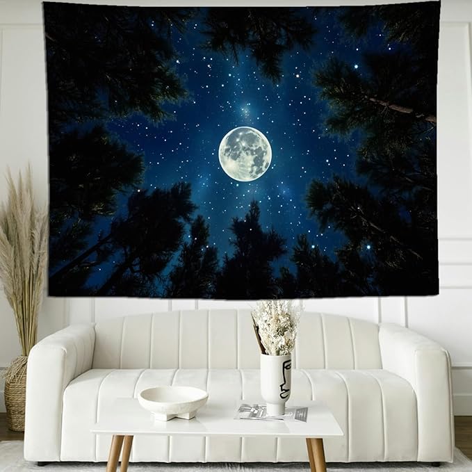 keowhsf Forest Galaxy Tapestry for Bedroom Ceiling - Starry Night Sky with Moon and Trees, Blue Aesthetic Wall Hanging, Milky Way Landscape Backdrop for Living Room and Dorm Decor-Ruum Studio Home