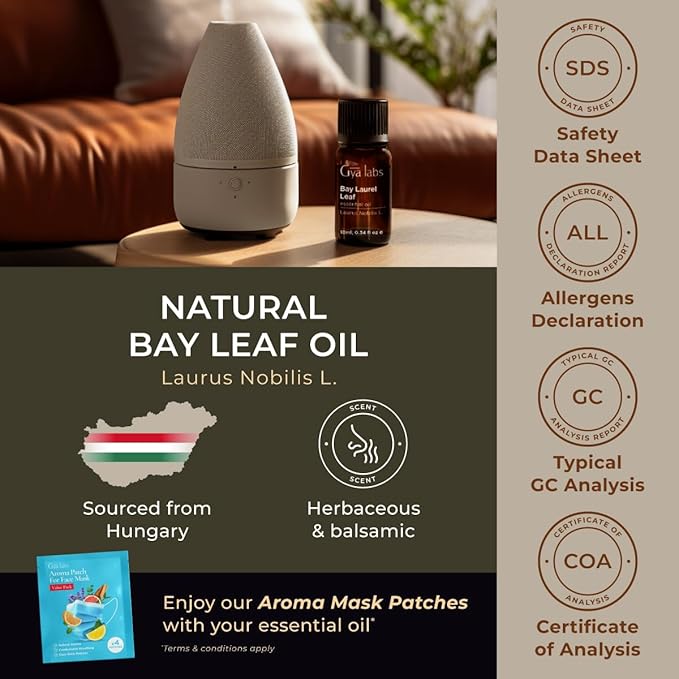 Gya Labs Bay Leaf Essential Oil for Diffuser - 0.34 Fl Oz - 100% Natural Bay Laurel Oil for Hair, Skin & Candle Making Scent-Ruum Studio Home