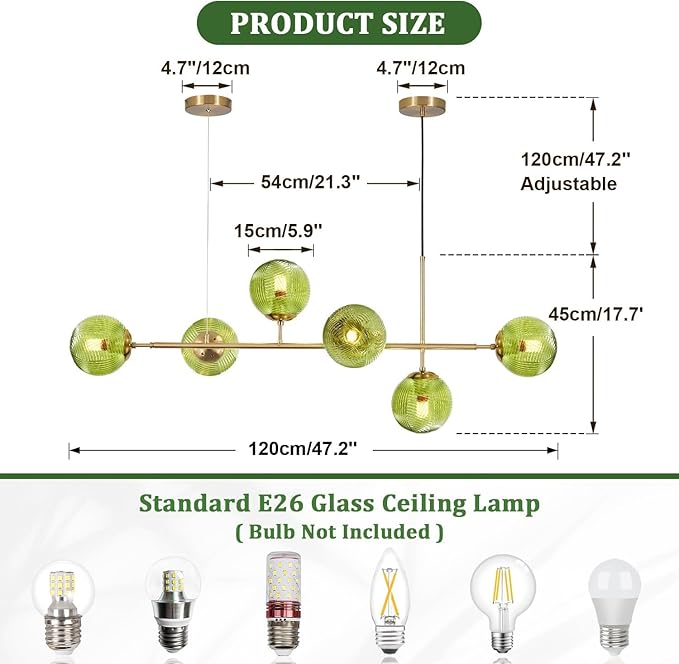 KCO Lighting 6 Green Glass Pendant Lights Kitchen Island Mid Century Modern Globe Sputnik Chandelier Brushed Gold Linear Island Light Fixture for Dining Room-Ruum Studio Home