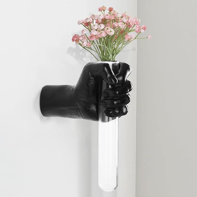 Black Wall Sculptures, Hand Vases Home Decor, Wall Mount Art Sculpture, Unique Wall Art Statue, Funky Flower Vase Decorations, Modern Eclectic Hanging Decor,Glass Test Tube Vase-Ruum Studio Home