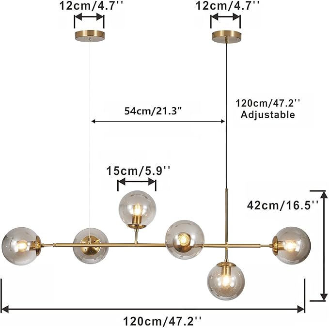 KCO Lighting 6-Light Modern Globe Sputnik Chandelier Brass Gold Linear Pendant Chandelier Lighting Smoke Glass Dining Room Chandelier Mid Century Sputnik Island Lights for Kitchen Living Room-Ruum Studio Home
