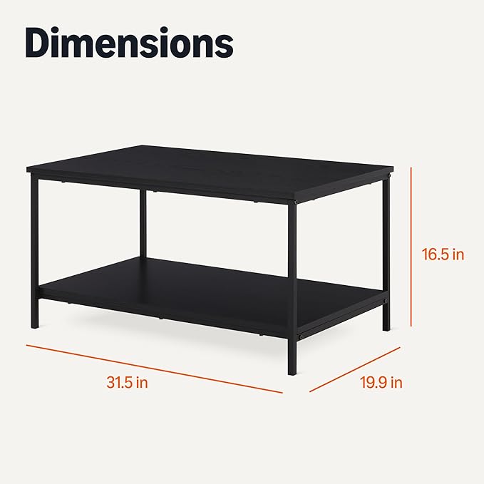 Amazon Basics Rectangular Coffee Table with Bottom Shelf, Living Room Centre Table, Wooden Black, 19.9" D x 31.5" W x 16.5" H-Ruum Studio Home