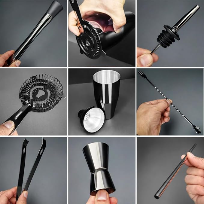 14-Piece Cocktail Shaker Set Bartender Kit with Black Stand, Bar Tool Set for Drink Mixing Bartending Kit Bar Sets Accessories: 750ml(25oz) Shaker, Jigger, Muddler, Cocktail Recipes (Black)-Ruum Studio Home