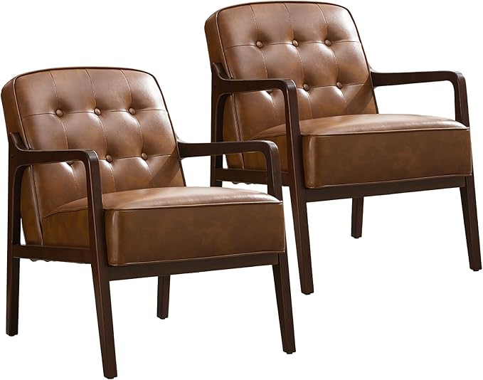 Faux Leather Accent Chair Set of 2, Mid Century Chair for Living Room, Upholstered Comfy Lounge Armchair with Solid Wood Frame, Modern Chair for Bedroom,105°Ergonomic Comfort, Brown-Ruum Studio Home