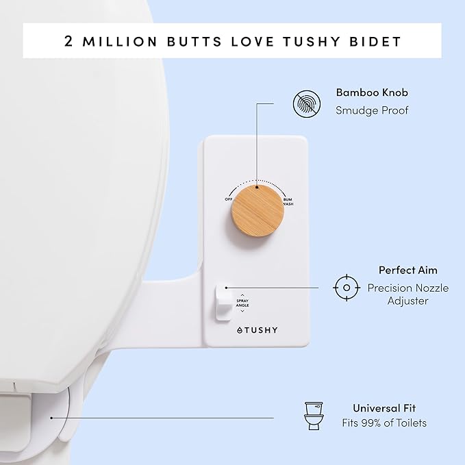 TUSHY Classic 3.0 Non-Electric Bidet Attachment | Self Cleaning Sprayer, Adjustable Water Pressure Nozzle, Angle Control. Fast & Easy DIY Installation. Universal Slim Fit. (Blue/Bamboo)-Ruum Studio Home