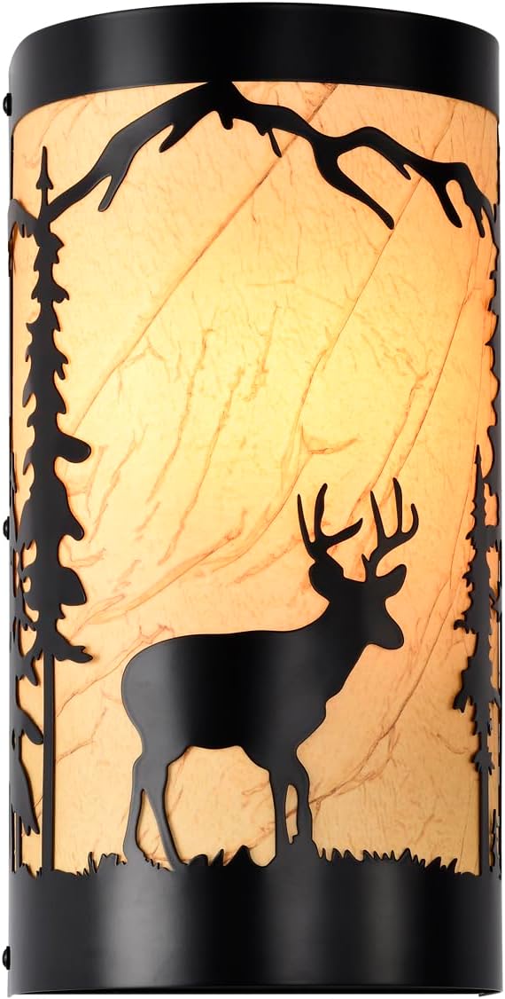 Wall Sconce Light,Deer Metal Yellow Parchment Farmhouse Wall Sconce,Rustic E26 Base Wall Mount Lamp,Vintage Matte Black Bedroom Wall Lights,Indoor Wall Lamps for Living Room,Hallway,Porch-Ruum Studio Home