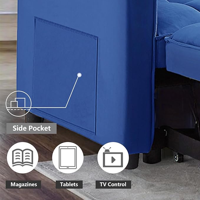 3 in 1 Convertible Sleeper Sofa Bed,Futon Loveseat Couch with Pull-Out Bed & Adjustable Backrest,Velvet Fabric Sofa with Side Pocket for Small Apartment, Living Room, Office (Blue)-Ruum Studio Home