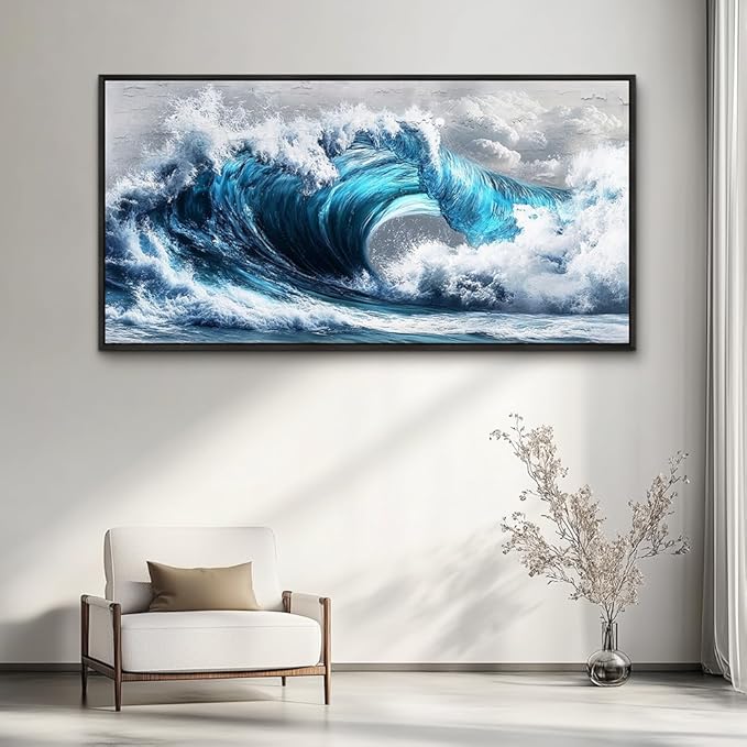 PHAOHUAXM Large Canvas Blue Wave Paintings Wall Art For Living Room Wall Decoration For Bedroom Ocean Wall Pictures Printing Office Decorations Posters Modern Home Decor Black Framed 30x60 In-Ruum Studio Home