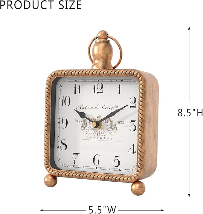 Vintage Gold Table Clock on Stand, Desk and Shelf Decor Clock, French Rustic Style Non-Ticking Mantel Clocks for Farmhouse, Living Room, Bedroom, Bedside, Gift (8.5" H x 5.5" W)-Ruum Studio Home