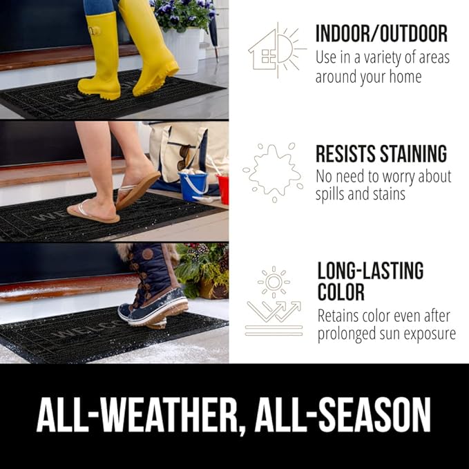 GORILLA GRIP 100% Waterproof All-Season WeatherMax Doormat, 47x35, US Designed Natural Rubber, Stain and Fade Resistant, Low Profile Indoor Outdoor Door Mats, Easy Clean Patio Mat, Black Welcome-Ruum Studio Home