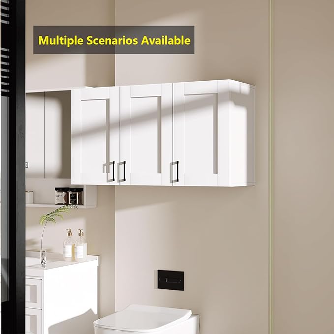 White Laundry Room Cabinets and Storage with 3 Doors and Utility Adjustable Shelf，Gabinetes Para Cocina Cupboard Kitchen Organizers and Storage Pantry Wall Mounted 12.4"D x 35.4"W x 19.7"H-Ruum Studio Home