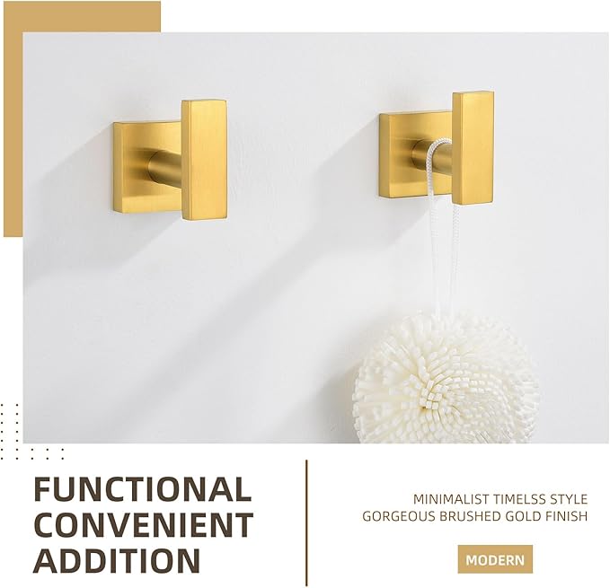 Angle Simple Towel Hooks for Bathroom, SUS 304 Stainless Steel Square Robe Coat Wall Hooks, Hand Towel Holder, Brushed Gold, 2 Pack-Ruum Studio Home