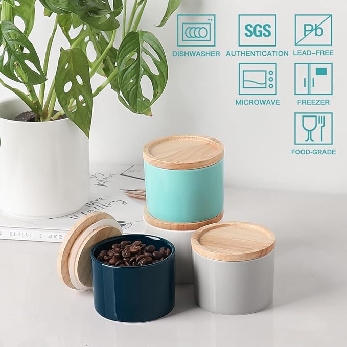 Sweejar Kitchen Canisters Ceramic Food Storage Jar, Stackable Containers with Airtight Seal Wooden Lid for Serving Ground Coffee, Tea, Sugar, Spice and More - 5 Fl Oz(Gray)-Ruum Studio Home