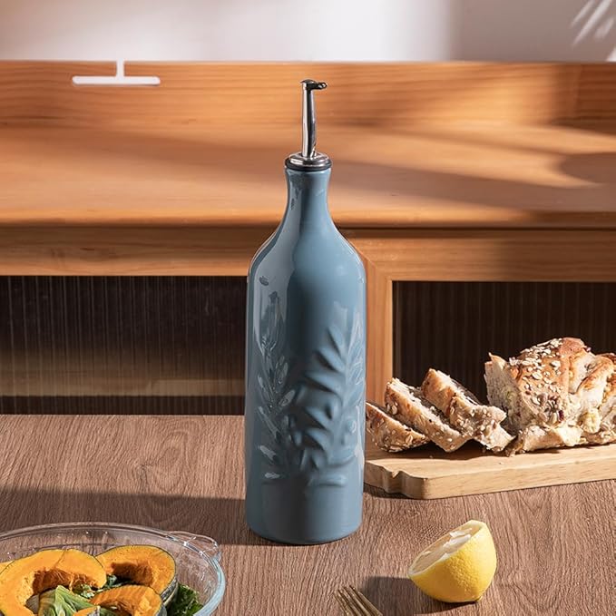 Sweejar Large Ceramic Olive Oil Dispenser Bottle, 24 Oz Relief Opaque Oil Cruet Protects Oil To Reduce Oxidation, Storage Vinegar, Soy Sauce, Coffee Syrup, Liquids, Set of 1 (Fog blue)-Ruum Studio Home