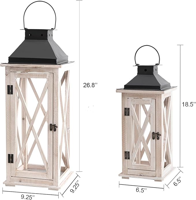 TIMRIS Large Wooden Candle Lanterns Decorative Set of 2, Rustic Farmhouse Whitewash Floor Lanterns, Indoor/Outdoor Hanging Lanterns for Home Decor (No Glass)-Ruum Studio Home