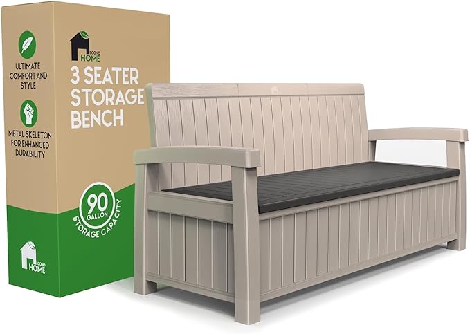 EconoHome 3 Seat Outdoor Storage Bench - 90 Gallon Capacity - Weatherproof Resin Bench for Patio, Porch, Garden, Yard, Pool Area - Furniture for Pool Accessories, Gardening Tools, Toys-Ruum Studio Home