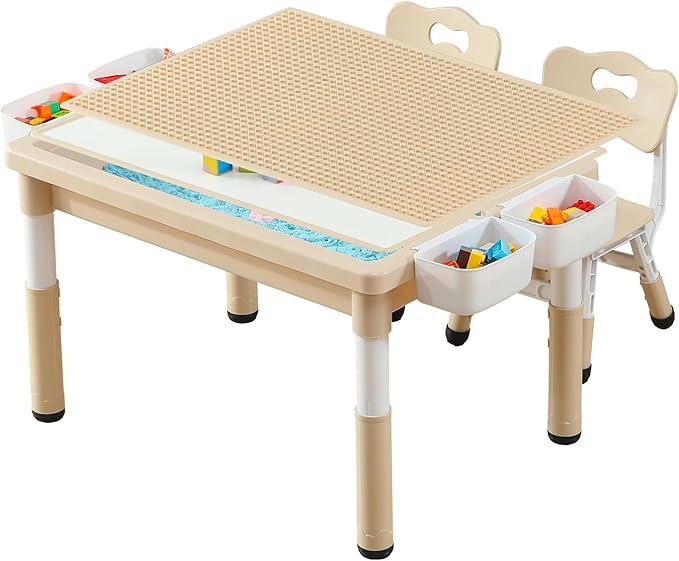 Multi Functional Kids Table and 2 Chairs Set, Graffiti & Building Blocks Double-Sided Tabletop, Toddler Play Table with Drawers, Large Storage Space, Gift for Boys/Girls, Burlywood-Ruum Studio Home