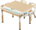 Multi Functional Kids Table and 2 Chairs Set, Graffiti & Building Blocks Double-Sided Tabletop, Toddler Play Table with Drawers, Large Storage Space, Gift for Boys/Girls, Burlywood-Ruum Studio Home