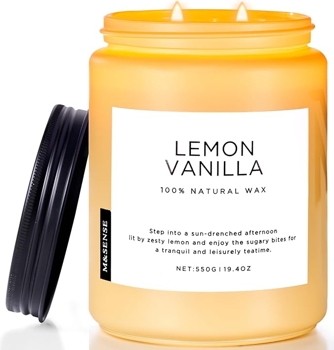 M&SENSE Candles Lemon Vanilla Scented, 19.4oz 110 Hours Long Lasting for Home 2 Wick Natural Soy Wax Non Toxic Candles in Glass Jar, Stress Relief Gifts for Women and Men-Ruum Studio Home