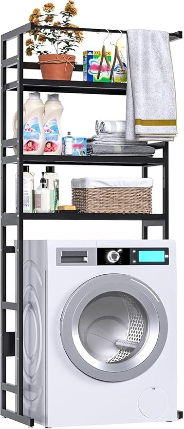 Dryer Storage Shel andf Over The Washer - Adjustable 4-Tier Heavy Duty Laundry Room Organizer, All Carbon Steel Standing Shelf with Hanging Rod, Anti-Tip Design, Super Stable 29.93" L x 11" D x 73" H-Ruum Studio Home
