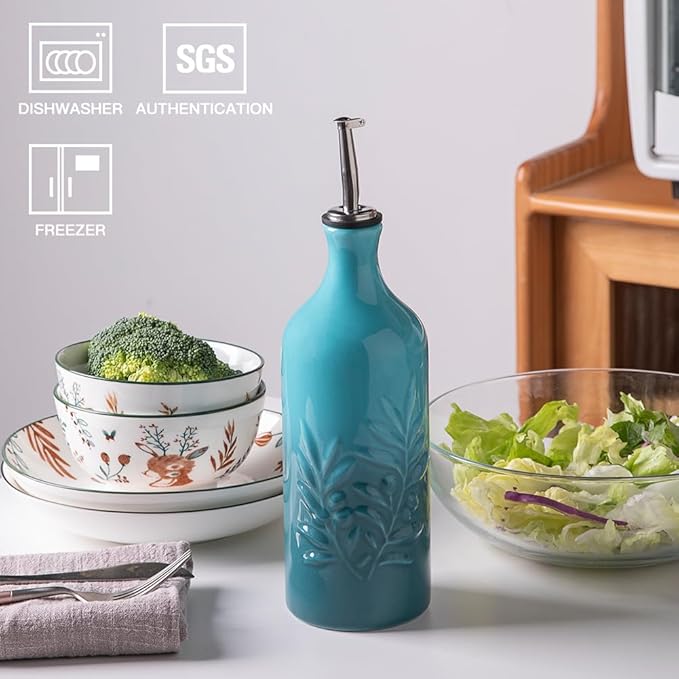 Sweejar Ceramic Olive Oil Dispenser Bottle, 20 Oz Relief Design EVOO Oil and Vinegar Dispensing Bottle with Spout for Kitchen, Set of 1 (Gradient Blue)-Ruum Studio Home