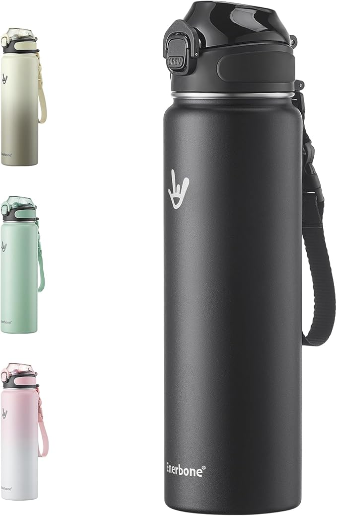 Enerbone 32 oz Insulated Water Bottle, Stainless Steel Bottle with Carrying Strap, Double-Wall Vacuum Insulation Design, Leakproof Sports Bottle with Straw, Keep Drinks Cold or Hot for Hours-Ruum Studio Home