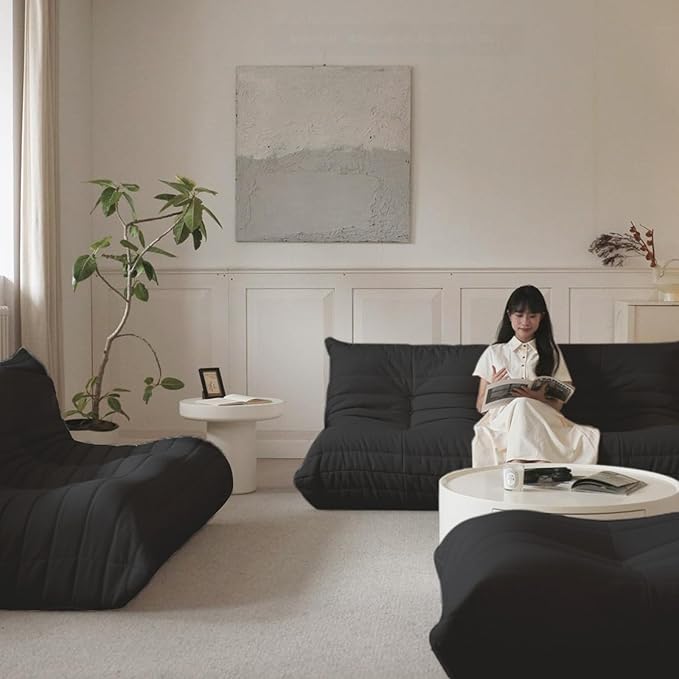 Luxury Sofa Couch Chair, Lazy Floor Seating, Fireside Bean Bag Chair, Ergonomic Tatami Sofa Lounger for Living Room, Bedroom, Office, 3 Seat, Black-Ruum Studio Home