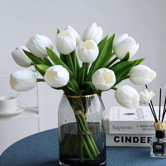 Buart White Flowers Artificial Luxury Big Tulip Valentine's Day Mother's Day Easter Home Kitchen Wedding Decorations(11pcs)-Ruum Studio Home