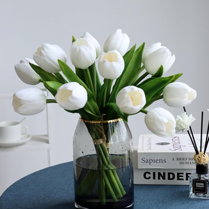 Buart White&Green Tulip Flowers Artificial Luxury Big Tulip Valentine's Day Mother's Day Easter Home Kitchen Wedding Decorations(11pcs)-Ruum Studio Home