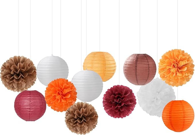 Brown Burgundy-Orange Party-Decorations Paper-Flowers Lanterns - 15PCS Fall Boho Tissue Pom Poms Streamers,Baby Bridal Shower Rustic Wedding Neutral Birthday Coffee Halloween ThanksgivingDecor Hugfond-Ruum Studio Home