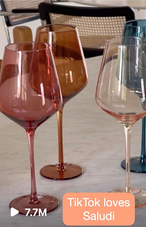Saludi Colored Wine Glasses, 16.5oz (Set of 6) Stemmed Multi-Color Glass - Great for all Wine Types and Occasions - Luxury, Durable, Hand-Blown-Ruum Studio Home