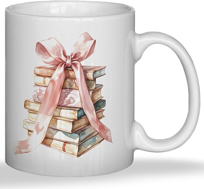 JINYO Coquette Pink Bow Books Mug, Book Coffee Cup, Reading Mugs for Book Lovers, Gifts for Readers Books Lovers Women, Bookish Bookworm Gifts for Women, Ceramic Coffee Tea Mug 11 oz-Ruum Studio Home