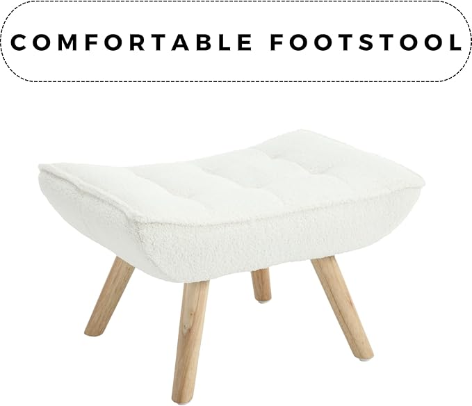 Modern Sherpa Accent Chair with Ottoman, Fluffy Upholstered Lounge Chair with Footrest, Comfy Living Room Side Boucle Armchair for Small Space Bedroom Apartment, White-Ruum Studio Home