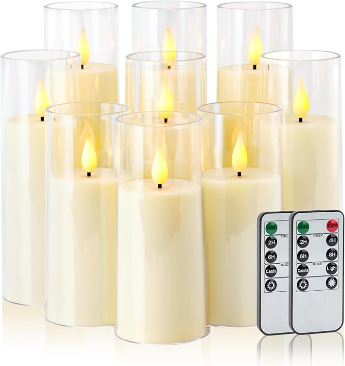 Amagic Ivory Flameless Candles with Remote, Battery Operated Candles with Timer, Acrylic Plexiglass Flickering LED Fake Candle for Wedding, Holiday, Home Decor, Set of 9, D2.2 x H5 6" 7"-Ruum Studio Home