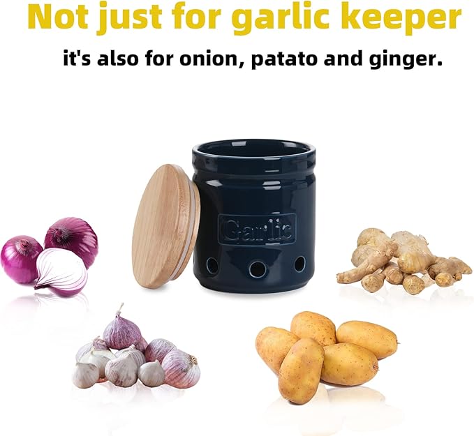 Large Garlic Keeper with Wooden Lid, Ceramic Garlic Holder Storage, Garlic Container for Kitchen, Garlic Saver to Keep Your Garlic Cloves Fresh Longer 4.5-Inch, Navy-Ruum Studio Home