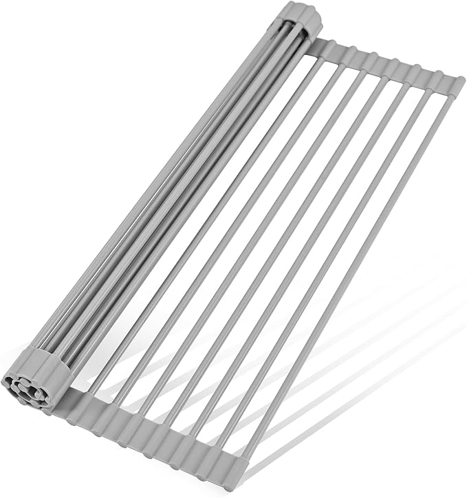LEMIKKLE Roll Up Dish Drying Rack 17" x 13", Over The Sink Dish Drainer Rack, Foldable Sink Drying Rack, Anti-Slip Silicone Wrapped Dish Drainer for Kitchen Counter (Grey 17" x 13")-Ruum Studio Home