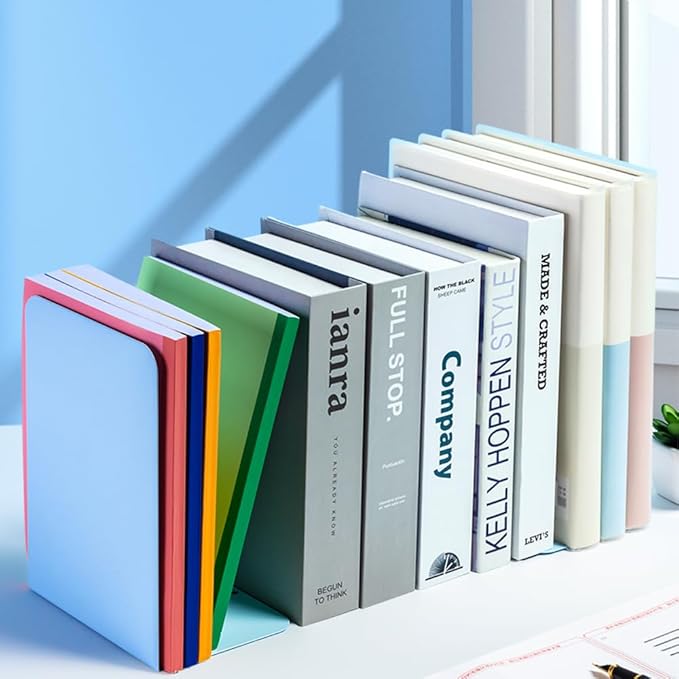 M&G Book Ends 1 Pair, Blue Large Metal Bookends for Shelves, L-Type Book Stopper for Heavy Books, Non-Skid Bookstand for Office Home School Supplies-Ruum Studio Home