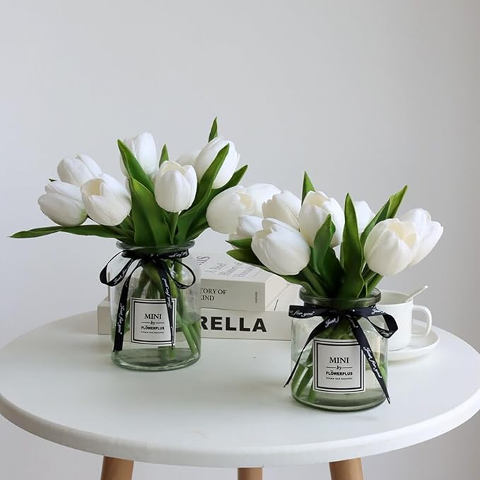 Buart White&Green Tulip Flowers Artificial Luxury Big Tulip Valentine's Day Mother's Day Easter Home Kitchen Wedding Decorations(11pcs)-Ruum Studio Home