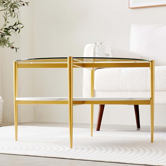 Round Coffee Table for Living Room, Mid-Century Modern Design, D30 x H17, 2-Tier Structure, Clear Glass Top and White Marble Finish Wood Shelf, Sleek Conical Metal Legs with Gold Finish Frame-Ruum Studio Home