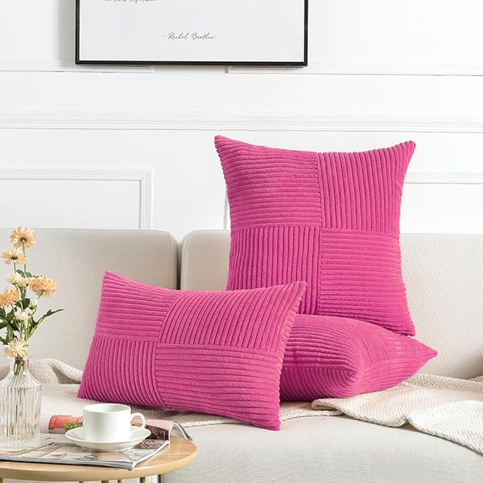 Fancy Homi 2 Packs Hot Pink Euro Decorative Throw Pillow Covers 26x26 Inch for Couch Bed Sofa, Rustic Farmhouse Boho Home Decor, Soft Corss Corduroy Patchwork Textured Square Cushion Case 66x66 cm-Ruum Studio Home