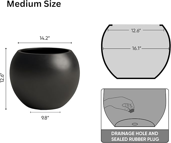 DTY Signature Mount Sherman Lightweight Durable Modern Fiberstone Sphere Planter for Indoor & Outdoor Drainage Hole & Rubber Plug Weather Resistant, 13.5" H x 17" Dia, 12" Opening- Medium, Black-Ruum Studio Home