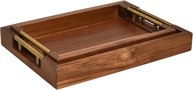 Set of 2 Acacia Wood Serving Trays with Gold Metal Handles for Food Serving, Appetizers & Snacks - Ideal for Bed, TV, Ottoman or Coffee Table Décor, Home Decoration Accessory 15.75x11.8 Inch-Ruum Studio Home