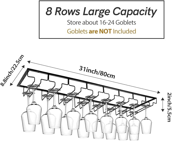 Xverycan Wine Glass Rack Under Cabinet, 8 Row Extreme Large Stemware Hanger, Metal Wine Goblet Holder, DIY Bar Glass Storage Rack for Bar Counter, Kitchen, Screws Included (Black)-Ruum Studio Home