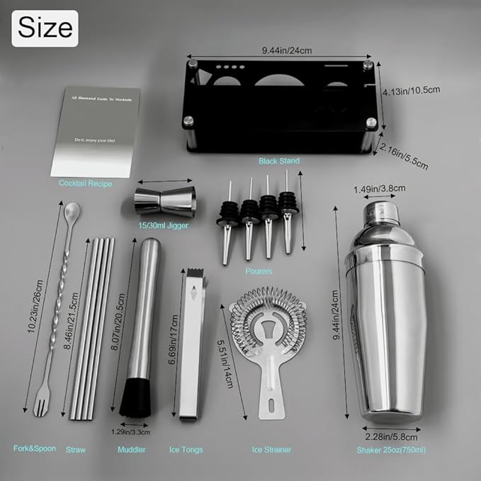 14-Piece Cocktail Shaker Set Bartender Kit with Black Stand, Bar Tool Set for Drink Mixing Bartending Kit Bar Sets Accessories: 750ml(25oz) Shaker, Jigger, Muddler, Cocktail Recipes (Silver)-Ruum Studio Home