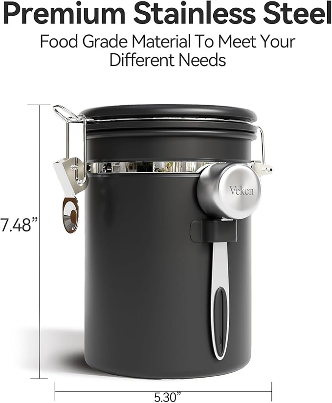 Veken Coffee Canister with Window,Airtight Stainless Steel Container,Home Kitchen Food Storage Organizers for Grounds,Beans,Espresso,Rice,Tea,Sugar,Flour, Cereal,Scoop,Bar Accessories,Gifts,22OZ,Black-Ruum Studio Home
