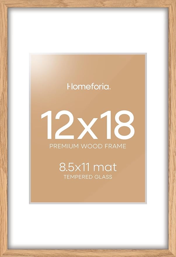 Homeforia 12x18 Picture Frame Wood, High End Natural Oak 12x18 Light Wooden Poster Frame with Mat 8.5x11, 12 x 18 Frames Matted to 8.5 by 11 Photo, 18x12 Thin Frame, Tempered Glass, Wall Kit, Set of 1-Ruum Studio Home