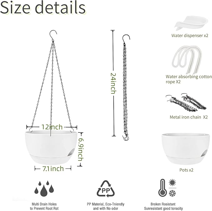 2 Pack Hanging Planters for Indoor Outdoor Plants, 8 Inch Self Watering Hanging Pot with Drainage Holes and Saucer, Plastic Plant Pots, White Flower Pots for Kitchen, Balcony, Garden-Ruum Studio Home